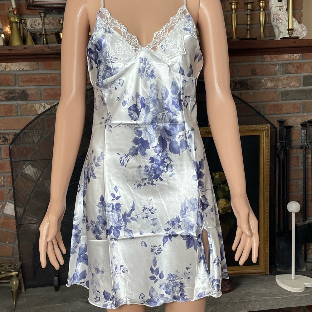 Floral Satin Nightgown with Lace Trim